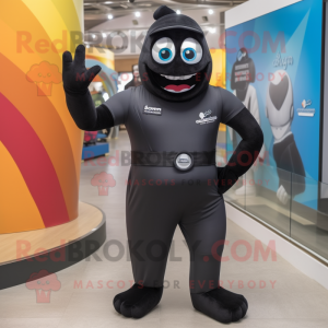 Black Momentum mascot costume character dressed with a One-Piece Swimsuit and Suspenders