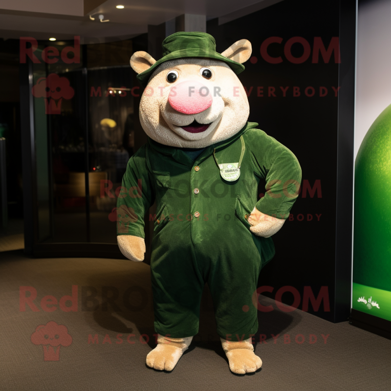 Forest Green Sow mascot costume character dressed with a Jeggings and Berets Forest Green Sow mascot costume character dressed with a Jeggings and Berets