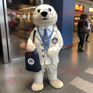 Cream Seal mascot costume character dressed with a Suit Jacket and Pocket squares