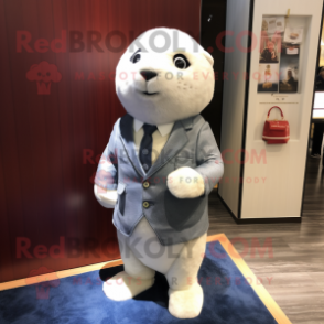 Cream Seal mascot costume character dressed with a Suit Jacket and Pocket squares