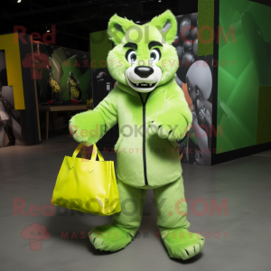 Lime Green Wolf mascot costume character dressed with a Bomber Jacket and Tote bags