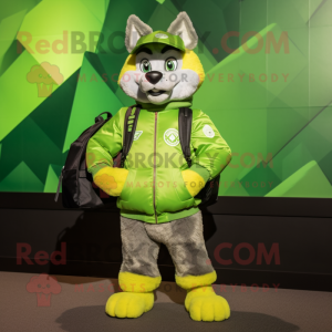 Lime Green Wolf mascot costume character dressed with a Bomber Jacket and Tote bags