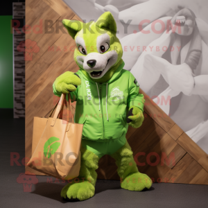 Lime Green Wolf mascot costume character dressed with a Bomber Jacket and Tote bags