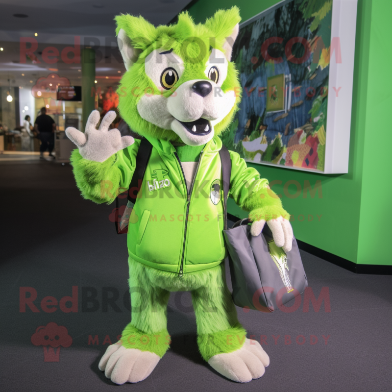 Lime Green Wolf mascot costume character dressed with a Bomber Jacket and Tote bags Lime Green Wolf mascot costume character dressed with a Bomber Jacket and Tote bags