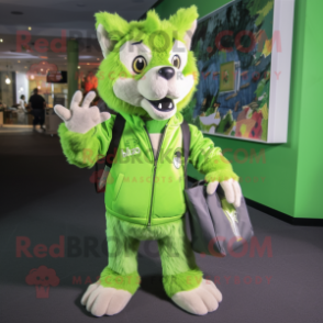 Lime Green Wolf mascot costume character dressed with a Bomber Jacket and Tote bags