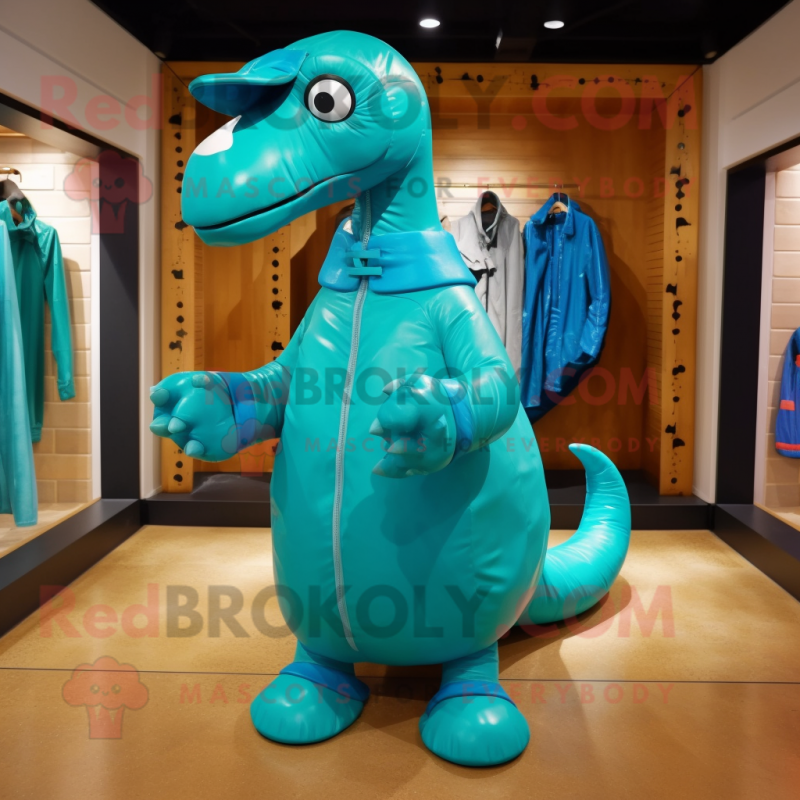 Turquoise Diplodocus mascot costume character dressed with a Raincoat and Rings