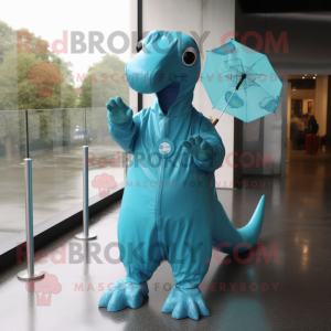 Turquoise Diplodocus mascot costume character dressed with a Raincoat and Rings