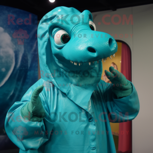 Turquoise Diplodocus mascot costume character dressed with a Raincoat and Rings