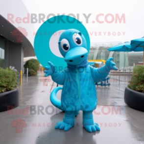 Turquoise Diplodocus mascot costume character dressed with a Raincoat and Rings