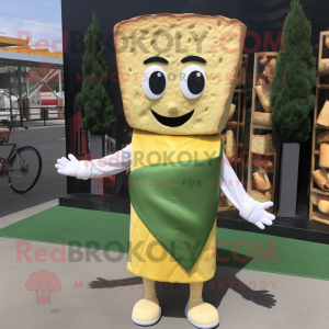Olive Grilled Cheese Sandwich mascot costume character dressed with a Wrap Dress and Belts