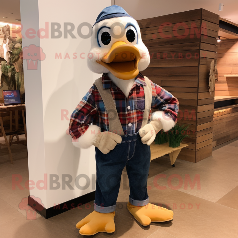 Navy Geese mascot costume character dressed with a Flannel Shirt and Wallets Navy Geese mascot costume character dressed with a Flannel Shirt and Wallets