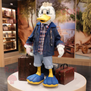 Navy Geese mascot costume character dressed with a Flannel Shirt and Wallets