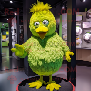 Lime Green Chicken mascot costume character dressed with a Romper and Hairpins