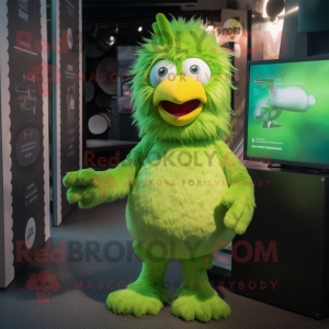 Lime Green Chicken mascot costume character dressed with a Romper and Hairpins