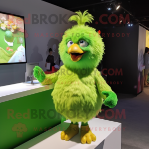 Lime Green Chicken mascot costume character dressed with a Romper and Hairpins