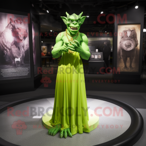 Lime Green Gargoyle mascot costume character dressed with a Empire Waist Dress and Rings