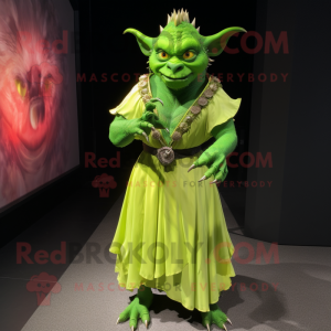 Lime Green Gargoyle mascot costume character dressed with a Empire Waist Dress and Rings