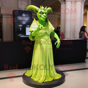 Lime Green Gargoyle mascot costume character dressed with a Empire Waist Dress and Rings