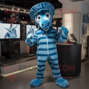 Blue Zebra mascot costume character dressed with a Jumpsuit and Hats