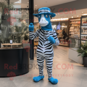 Blue Zebra mascot costume character dressed with a Jumpsuit and Hats