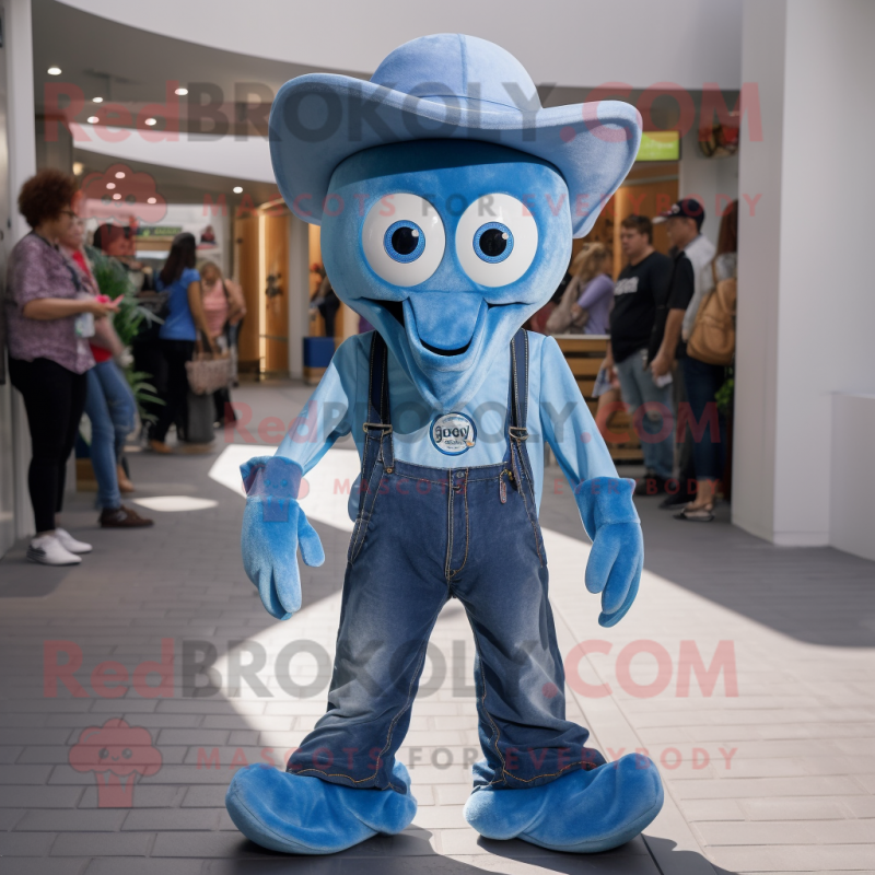 Blue Squid mascot costume character dressed with a Dungarees and Belts