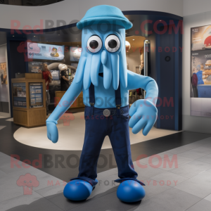Blue Squid mascot costume character dressed with a Dungarees and Belts
