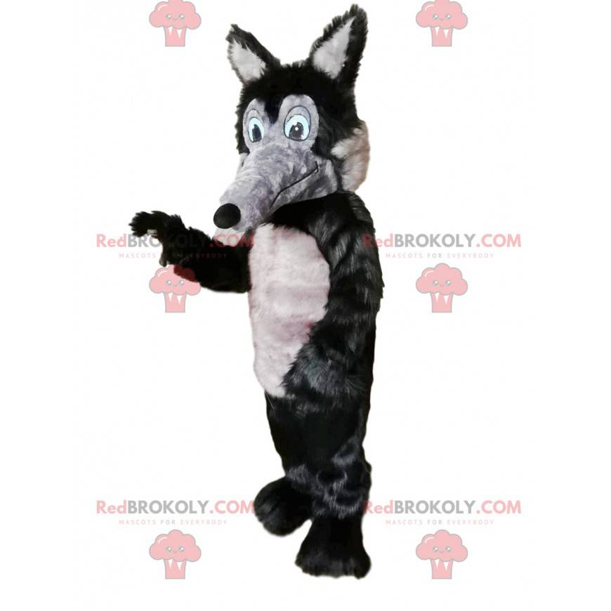 Maskottchen aus grauem und schwarzem Wolf mit langer Schnauze -