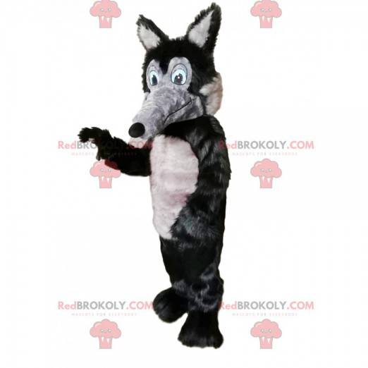 Grijze en zwarte wolf mascotte met een lange snuit -