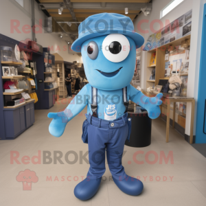 Blue Squid mascot costume character dressed with a Dungarees and Belts