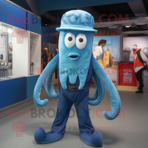 Blue Squid mascot costume character dressed with a Dungarees and Belts