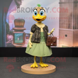 Olive Gosling mascot costume character dressed with a A-Line Skirt and Clutch bags