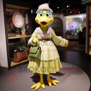 Olive Gosling mascot costume character dressed with a A-Line Skirt and Clutch bags