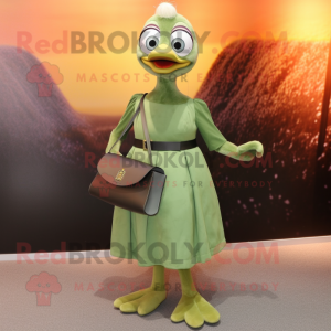 Olive Gosling mascot costume character dressed with a A-Line Skirt and Clutch bags