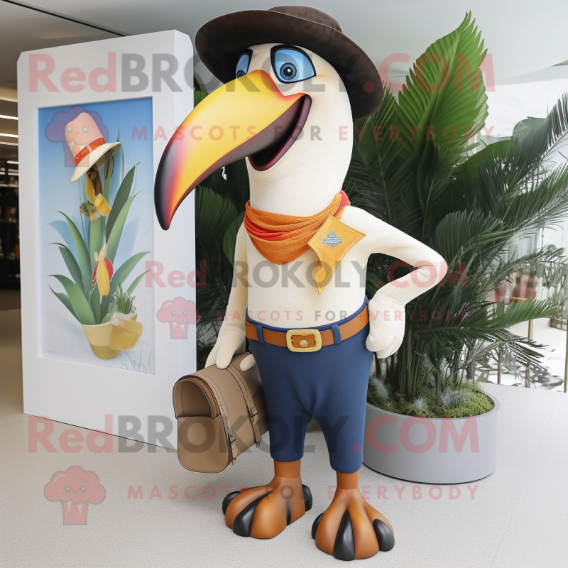 Cream Toucan mascot costume character dressed with a Bootcut Jeans and Brooches