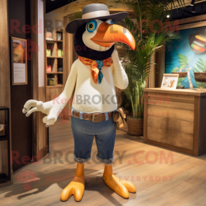 Cream Toucan mascot costume character dressed with a Bootcut Jeans and Brooches