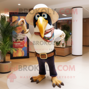 Cream Toucan mascot costume character dressed with a Bootcut Jeans and Brooches