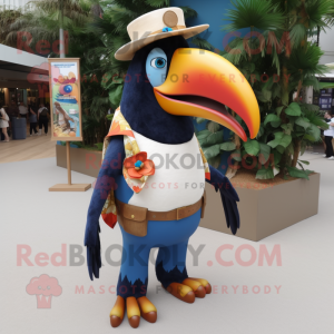 Cream Toucan mascot costume character dressed with a Bootcut Jeans and Brooches