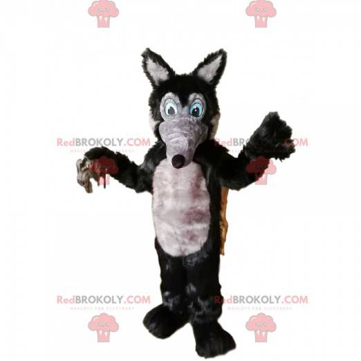Grijze en zwarte wolf mascotte met een lange snuit -
