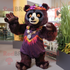 Maroon Spectacled Bear mascot costume character dressed with a Culottes and Headbands
