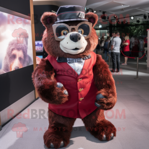 Maroon Spectacled Bear mascot costume character dressed with a Culottes and Headbands