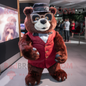 Maroon Spectacled Bear mascot costume character dressed with a Culottes and Headbands