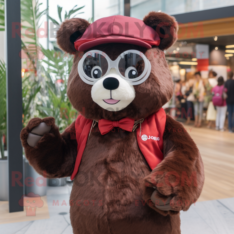 Maroon Spectacled Bear mascot costume character dressed with a Culottes and Headbands