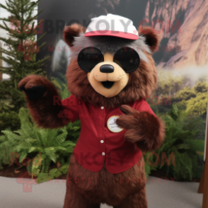 Maroon Spectacled Bear mascot costume character dressed with a Culottes and Headbands