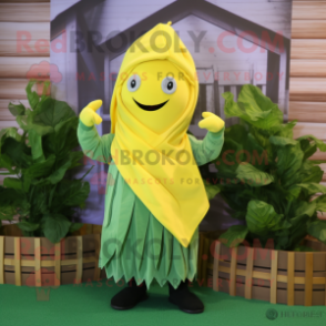 Yellow Spinach mascot costume character dressed with a Henley Tee and Scarf clips