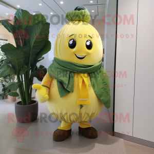 Yellow Spinach mascot costume character dressed with a Henley Tee and Scarf clips