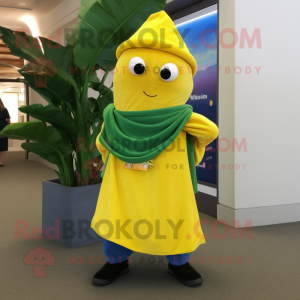 Yellow Spinach mascot costume character dressed with a Henley Tee and Scarf clips