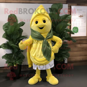 Yellow Spinach mascot costume character dressed with a Henley Tee and Scarf clips