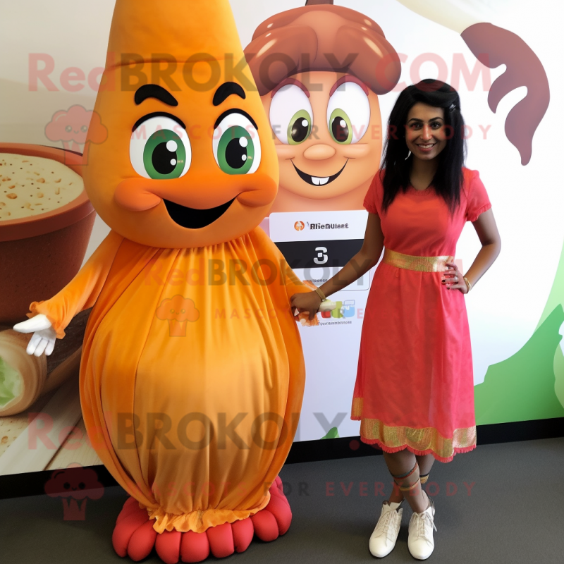 Peach Tikka Masala mascot costume character dressed with a Midi Dress and Keychains Peach Tikka Masala mascot costume character dressed with a Midi Dress and Keychains
