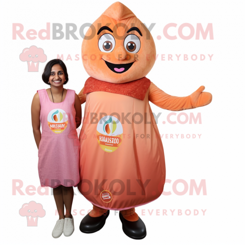 Peach Tikka Masala mascot costume character dressed with a Midi Dress and Keychains Peach Tikka Masala mascot costume character dressed with a Midi Dress and Keychains