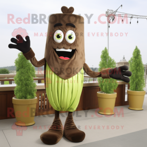 Brown Celery mascot costume character dressed with a Cocktail Dress and Gloves